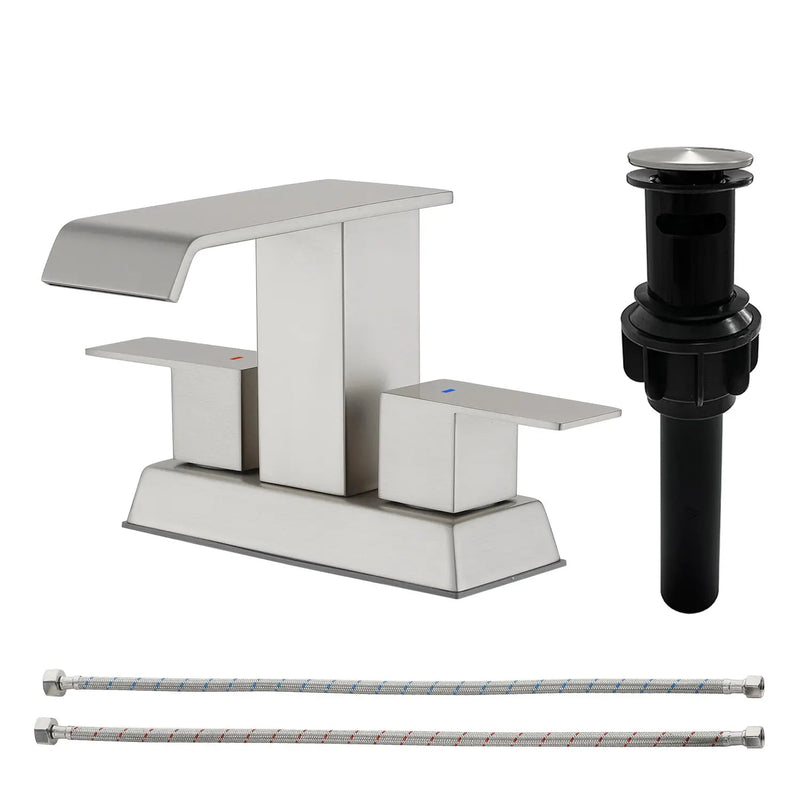 Waterfall Centerset Bathroom Sink Faucet 4 Inch 2 Handle Hot Cold Mixer Basin Faucet with Pop-Up Drain Stopper and Supply Lines waterfall-2-handle-4-centerset-hot-cold-mixer-bathroom-sink-faucet-with-pop-up-drain-stopper 