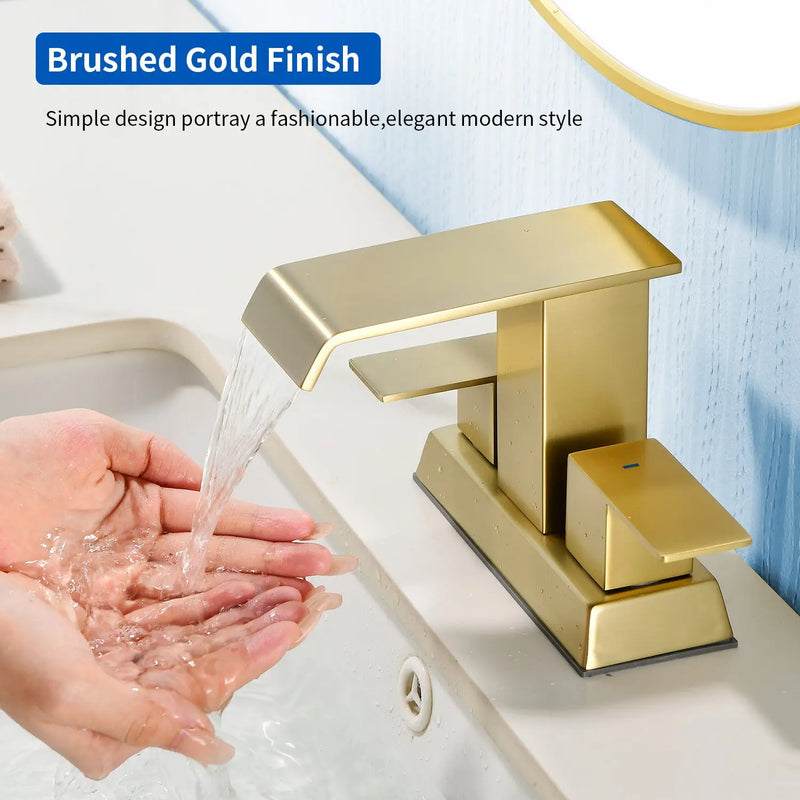Waterfall Centerset Bathroom Sink Faucet 4 Inch 2 Handle Hot Cold Mixer Basin Faucet with Pop-Up Drain Stopper and Supply Lines waterfall-2-handle-4-centerset-hot-cold-mixer-bathroom-sink-faucet-with-pop-up-drain-stopper 