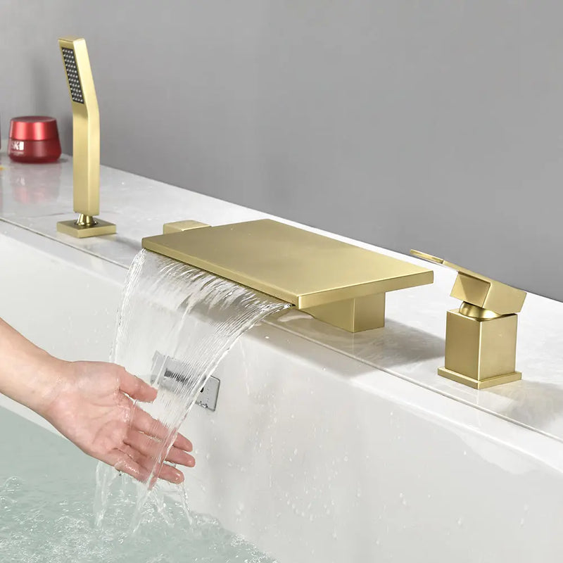 Waterfall Roman Tub Faucet Single-Handle 4 Hole Deck Mounted Tub Filler with Shower Diverter Solid Brass 4-hole-single-handle-roman-tub-faucet-with-shower-diverter-solid-brass 