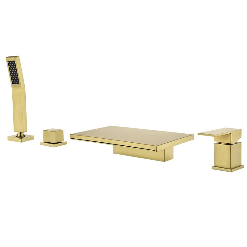 Waterfall Roman Tub Faucet Single-Handle 4 Hole Deck Mounted Tub Filler with Shower Diverter Solid Brass 4-hole-single-handle-roman-tub-faucet-with-shower-diverter-solid-brass Brushed Gold / Brass & SUS304 / 17.7*12.8*3.5 inches