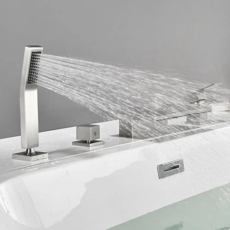 Waterfall Roman Tub Faucet Single-Handle 4 Hole Deck Mounted Tub Filler with Shower Diverter Solid Brass 4-hole-single-handle-roman-tub-faucet-with-shower-diverter-solid-brass 