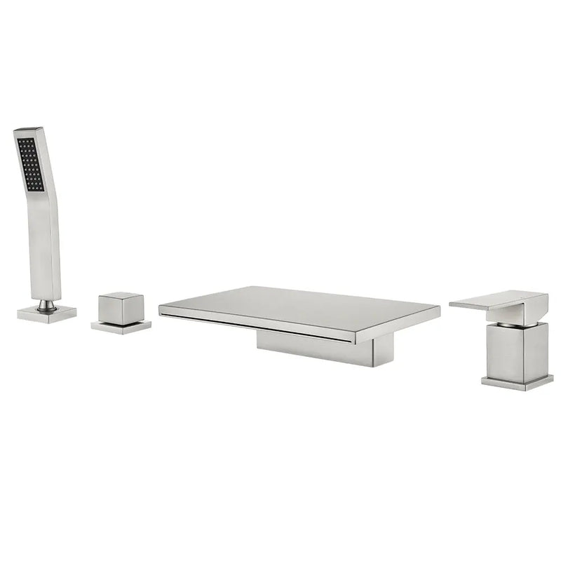 Waterfall Roman Tub Faucet Single-Handle 4 Hole Deck Mounted Tub Filler with Shower Diverter Solid Brass 4-hole-single-handle-roman-tub-faucet-with-shower-diverter-solid-brass Brushed Nickel / Brass & SUS304 / 17.7*12.8*3.5 inches
