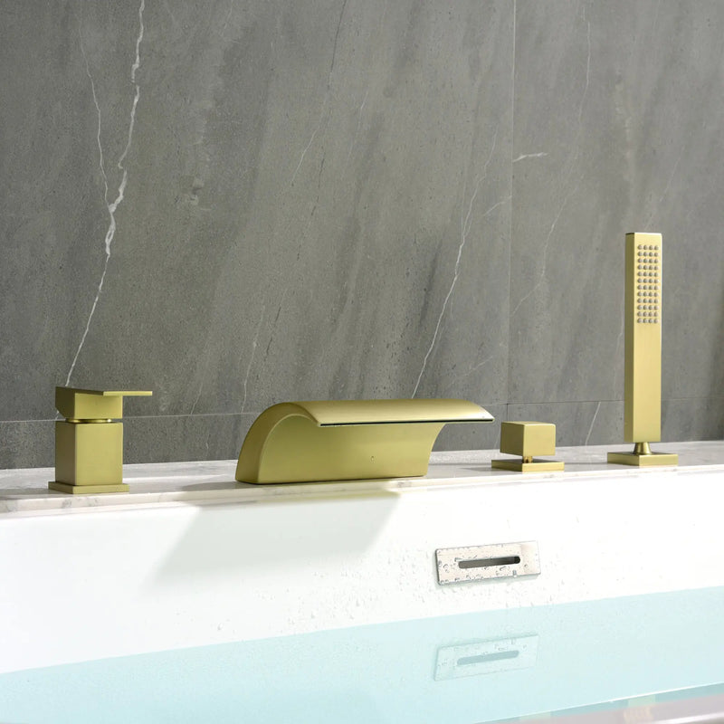 Waterfall Roman Tub Faucet with Sprayer Deck Mount Tub Filler with Hand Shower, Single Handle Bathtub Faucet Set waterfall-roman-tub-faucet-with-sprayer-deck-mount-tub-filler-with-hand-shower-single-handle-bathtub-faucet-set-1720bg Brushed Gold / Brass / 17.5 x 13.3 x 5.5 inches