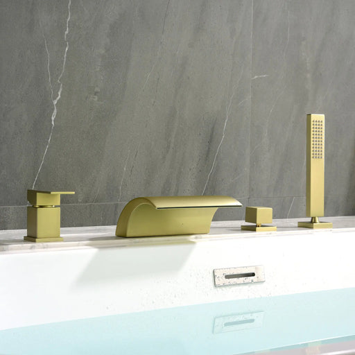 Waterfall Roman Tub Faucet with Sprayer Deck Mount Tub Filler with Hand Shower, Single Handle Bathtub Faucet Set waterfall-roman-tub-faucet-with-sprayer-deck-mount-tub-filler-with-hand-shower-single-handle-bathtub-faucet-set-1720bg Brushed Gold / Brass / 17.5 x 13.3 x 5.5 inches
