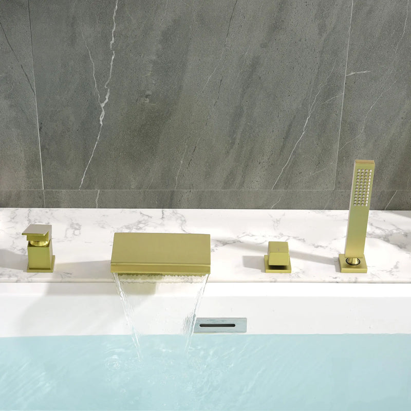 Waterfall Roman Tub Faucet with Sprayer Solid Brass Single Handle 4-Piece Deck Mounted Tub Filler waterfall-roman-tub-faucet-with-sprayer-deck-mount 