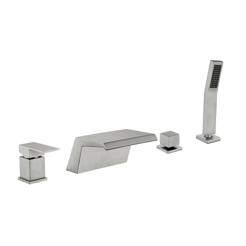 Waterfall Roman Tub Faucet with Sprayer Solid Brass Single Handle 4-Piece Deck Mounted Tub Filler waterfall-roman-tub-faucet-with-sprayer-deck-mount Brushed Nickel / Brass / 17.5 x 13.3 x 5.5 inches