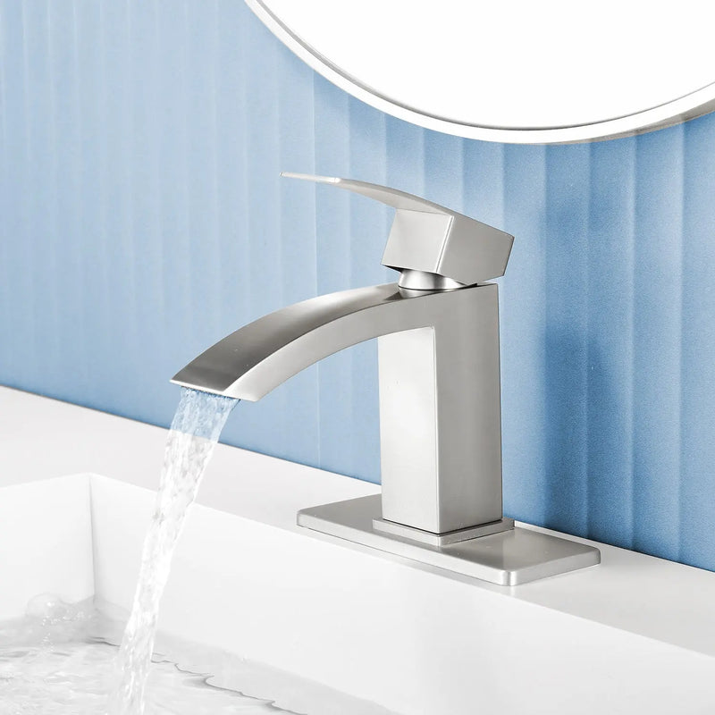 Waterfall Single Hole Bathroom Faucets with Pop-Up Drain Deck Mount Single-Handle Basin Mixer Faucet, 1.2GPM - Brushed Gold, Brushed Nickel, Matte Black single-hole-basin-faucet-1-2gpm-pop-up-drain 