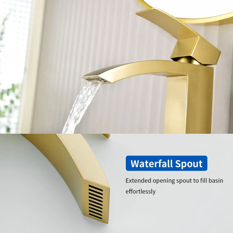 Waterfall Single Hole Bathroom Faucets with Pop-Up Drain Deck Mount Single-Handle Basin Mixer Faucet, 1.2GPM - Brushed Gold, Brushed Nickel, Matte Black single-hole-basin-faucet-1-2gpm-pop-up-drain 