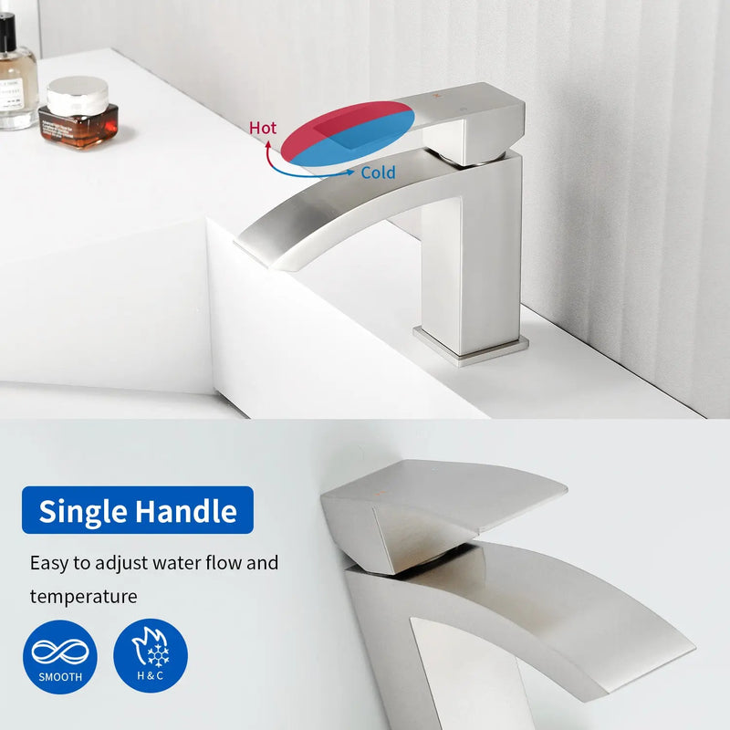 Waterfall Single Hole Bathroom Faucets with Pop-Up Drain Deck Mount Single-Handle Basin Mixer Faucet, 1.2GPM - Brushed Gold, Brushed Nickel, Matte Black single-hole-basin-faucet-1-2gpm-pop-up-drain 