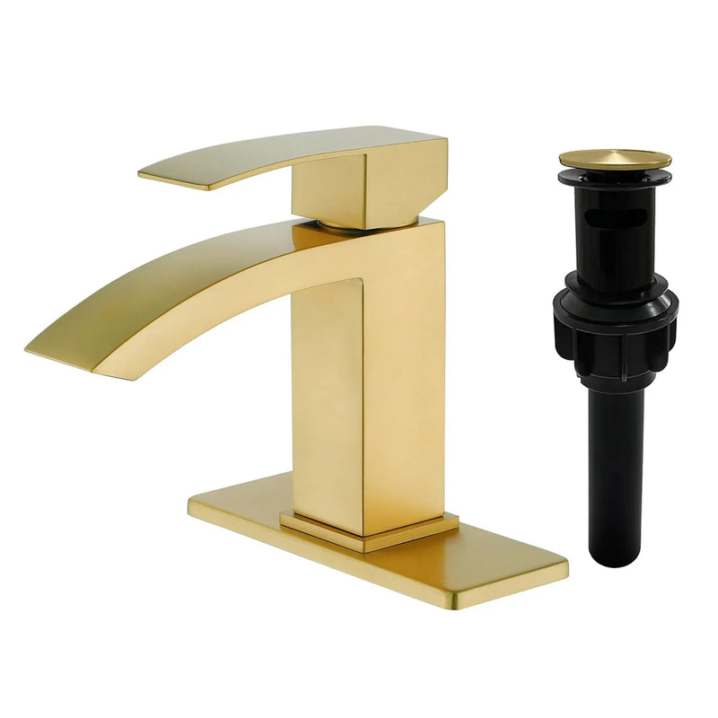 Waterfall Single Hole Bathroom Faucets with Pop-Up Drain Deck Mount Single-Handle Basin Mixer Faucet, 1.2GPM - Brushed Gold, Brushed Nickel, Matte Black single-hole-basin-faucet-1-2gpm-pop-up-drain Brushed Gold / SUS304 / 13.2*11.2*3.5 inches