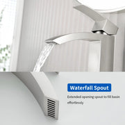 Waterfall Single Hole Bathroom Faucets with Pop-Up Drain Deck Mount Single-Handle Basin Mixer Faucet, 1.2GPM - Brushed Gold, Brushed Nickel, Matte Black single-hole-basin-faucet-1-2gpm-pop-up-drain 