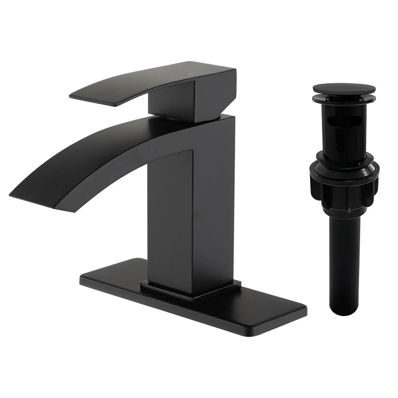 Waterfall Single Hole Bathroom Faucets with Pop-Up Drain Deck Mount Single-Handle Basin Mixer Faucet, 1.2GPM - Brushed Gold, Brushed Nickel, Matte Black single-hole-basin-faucet-1-2gpm-pop-up-drain Matte Black / SUS304 / 13.2*11.2*3.5 inches