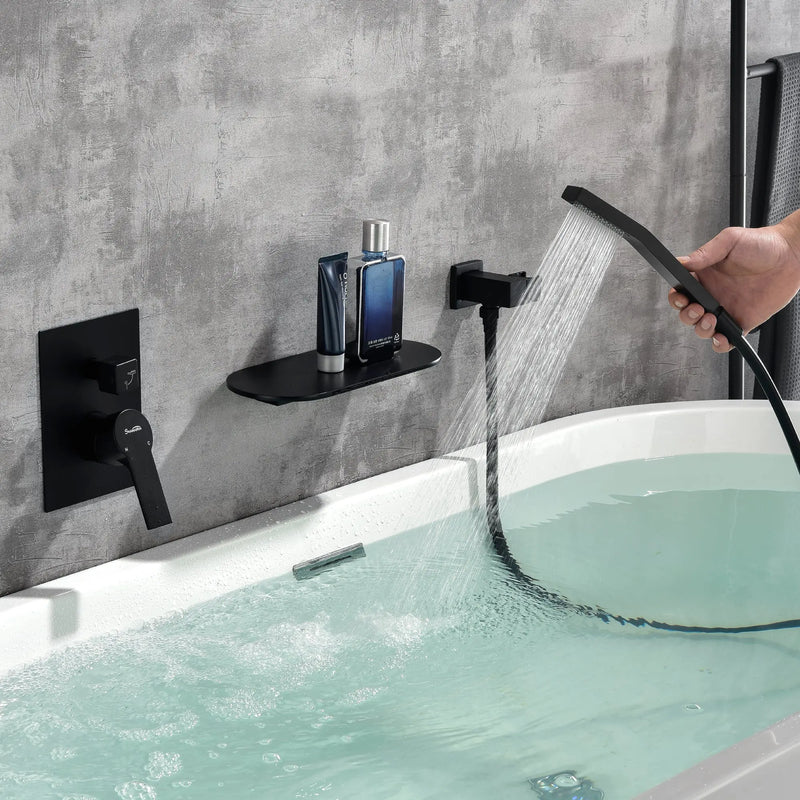 Waterfall Spout Wall Mounted Roman Tub Faucet with Handheld shower Modern Single Handle Tub Filler Solid Brass waterfall-spout-wall-mounted-roman-tub-faucet-with-handheld-shower-modern-single-handle-tub-filler-solid-brass-in-black 