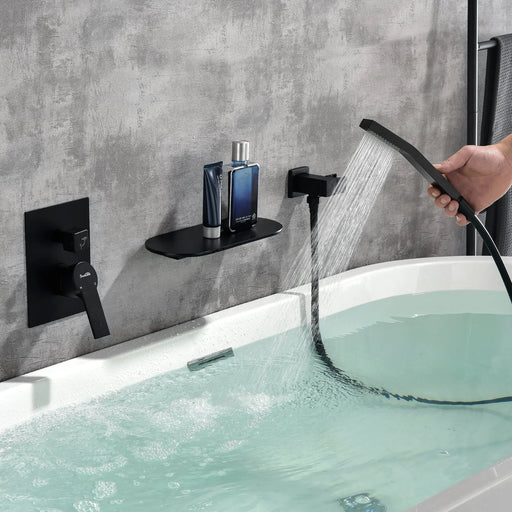 Waterfall Spout Wall Mounted Roman Tub Faucet with Handheld shower Modern Single Handle Tub Filler Solid Brass waterfall-spout-wall-mounted-roman-tub-faucet-with-handheld-shower-modern-single-handle-tub-filler-solid-brass-in-black 