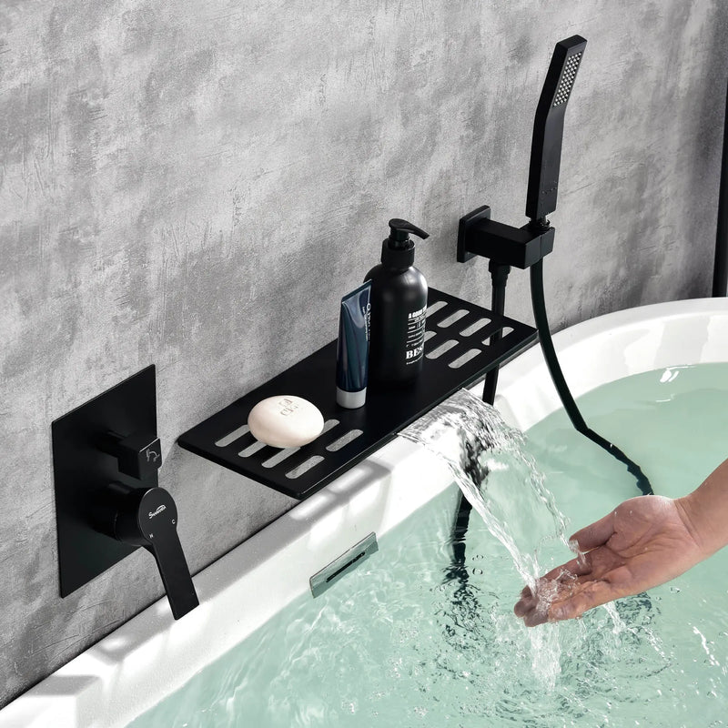 Waterfall Spout Wall Mounted Roman Tub Faucet with Handheld shower Modern Single Handle Tub Filler Solid Brass waterfall-spout-wall-mounted-roman-tub-faucet-with-handheld-shower-modern-single-handle-tub-filler-solid-brass Black / Brass / 17.9 x 13.3 x 5.5 inches