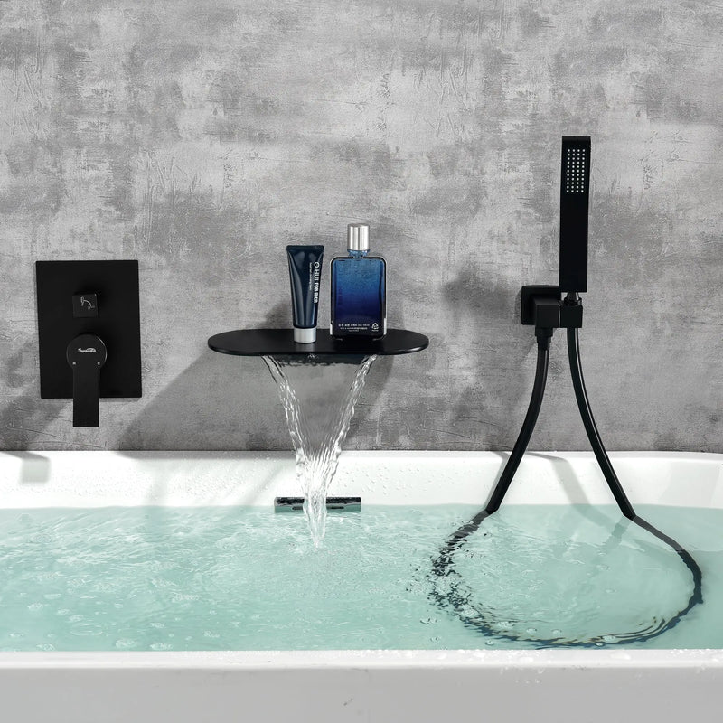 Waterfall Spout Wall Mounted Roman Tub Faucet with Handheld shower Modern Single Handle Tub Filler Solid Brass waterfall-spout-wall-mounted-roman-tub-faucet-with-handheld-shower-modern-single-handle-tub-filler-solid-brass-in-black 