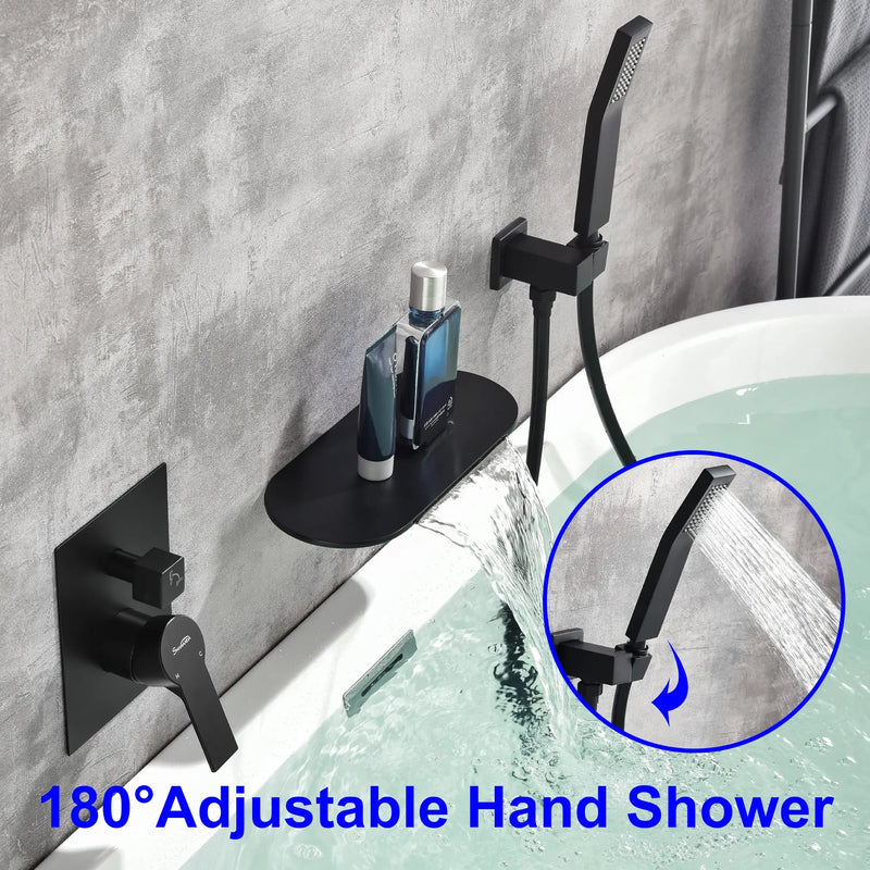 Waterfall Spout Wall Mounted Roman Tub Faucet with Handheld shower Modern Single Handle Tub Filler Solid Brass waterfall-spout-wall-mounted-roman-tub-faucet-with-handheld-shower-modern-single-handle-tub-filler-solid-brass-in-black 
