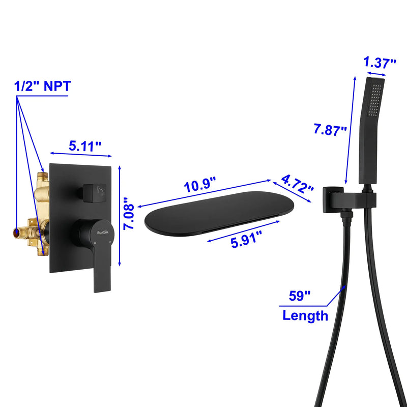 Waterfall Spout Wall Mounted Roman Tub Faucet with Handheld shower Modern Single Handle Tub Filler Solid Brass waterfall-spout-wall-mounted-roman-tub-faucet-with-handheld-shower-modern-single-handle-tub-filler-solid-brass-in-black 
