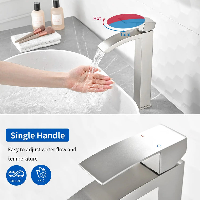 Waterfall Tall Bathroom Faucet Stainless Steel Single Handle Single Hole Vessel Sink Faucet with Drain Pop Up waterfall-single-handle-single-hole-tall-bathroom-faucet-with-drain-pop-up 