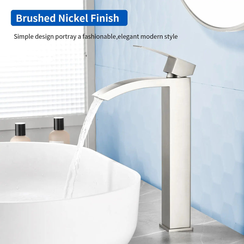 Waterfall Tall Bathroom Faucet Stainless Steel Single Handle Single Hole Vessel Sink Faucet with Drain Pop Up waterfall-single-handle-single-hole-tall-bathroom-faucet-with-drain-pop-up 