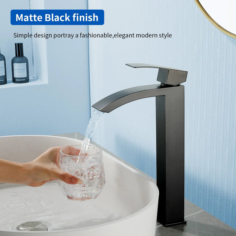 Waterfall Tall Bathroom Faucet Stainless Steel Single Handle Single Hole Vessel Sink Faucet with Drain Pop Up waterfall-single-handle-single-hole-tall-bathroom-faucet-with-drain-pop-up 