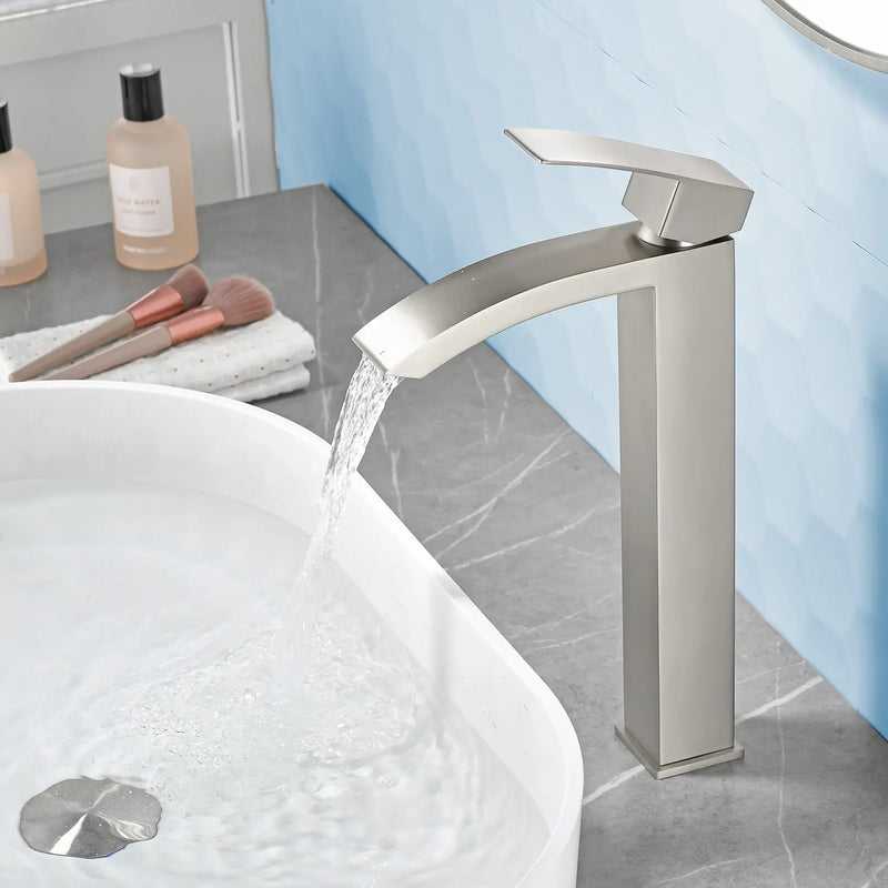 Waterfall Tall Bathroom Faucet Stainless Steel Single Handle Single Hole Vessel Sink Faucet with Drain Pop Up waterfall-single-handle-single-hole-tall-bathroom-faucet-with-drain-pop-up 