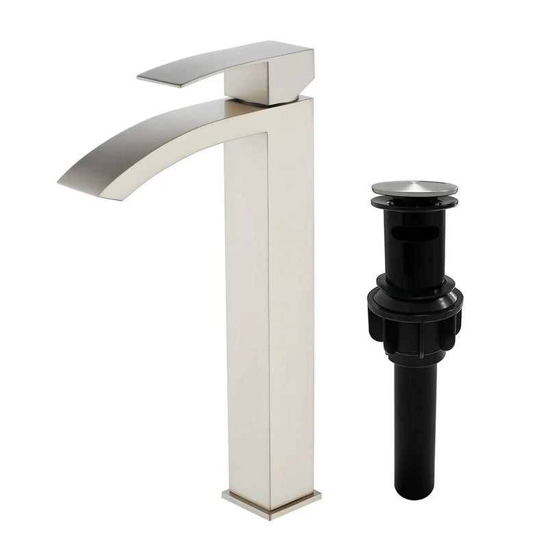 Waterfall Tall Bathroom Faucet Stainless Steel Single Handle Single Hole Vessel Sink Faucet with Drain Pop Up waterfall-single-handle-single-hole-tall-bathroom-faucet-with-drain-pop-up Brushed Nickel / SUS304 / 16.5*10.6*3.5 inches