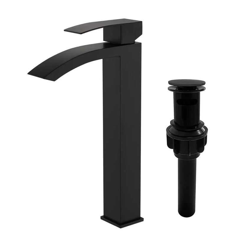 Waterfall Tall Bathroom Faucet Stainless Steel Single Handle Single Hole Vessel Sink Faucet with Drain Pop Up waterfall-single-handle-single-hole-tall-bathroom-faucet-with-drain-pop-up Matte Black / SUS304 / 16.5*10.6*3.5 inches