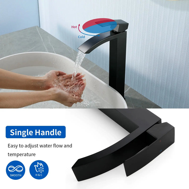 Waterfall Tall Bathroom Faucet Stainless Steel Single Handle Single Hole Vessel Sink Faucet with Drain Pop Up waterfall-single-handle-single-hole-tall-bathroom-faucet-with-drain-pop-up 