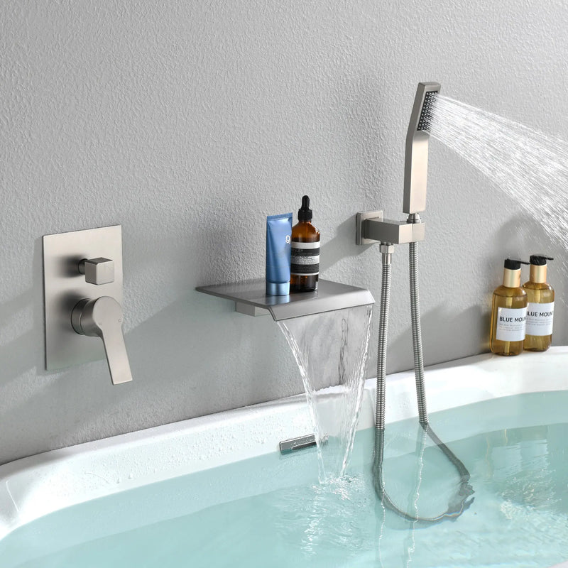Waterfall Tub Faucet Wall Mount Roman Tub Filler waterfall-tub-faucet-wall-mount-roman-tub-filler-brushed-gold-single-handle-brass-bathroom-bathtub-faucet-with-hand-shower 