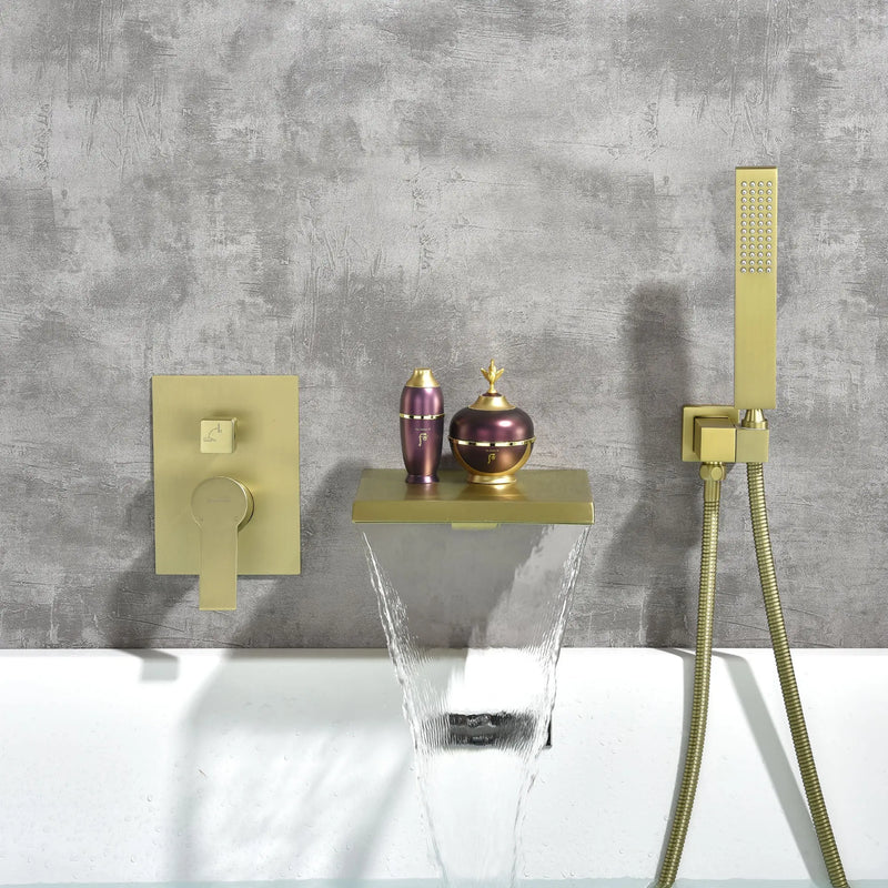 Waterfall Tub Faucet Wall Mount Roman Tub Filler waterfall-tub-faucet-wall-mount-roman-tub-filler-brushed-gold-single-handle-brass-bathroom-bathtub-faucet-with-hand-shower 