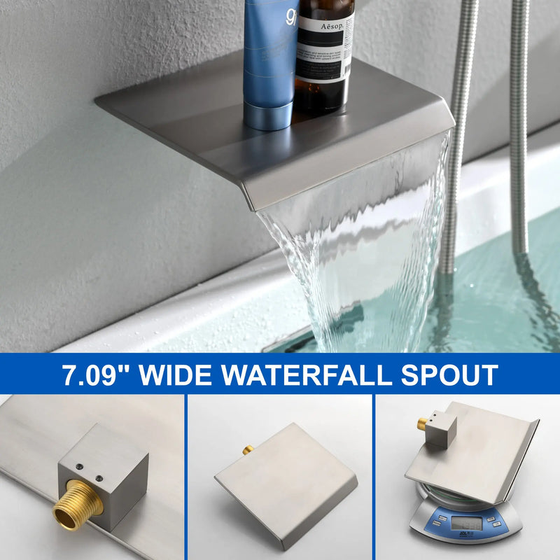Waterfall Tub Faucet Wall Mount Roman Tub Filler waterfall-tub-faucet-wall-mount-roman-tub-filler-brushed-gold-single-handle-brass-bathroom-bathtub-faucet-with-hand-shower 