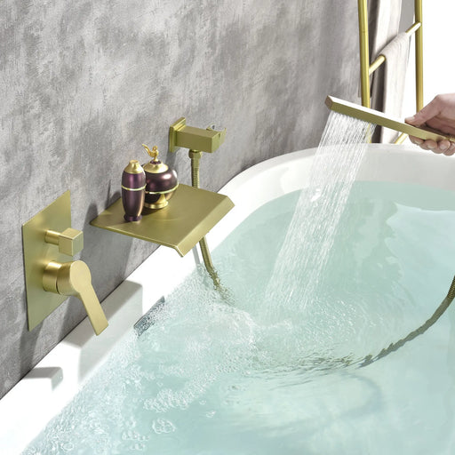 Waterfall Tub Faucet Wall Mount Roman Tub Filler waterfall-tub-faucet-wall-mount-roman-tub-filler-brushed-gold-single-handle-brass-bathroom-bathtub-faucet-with-hand-shower 