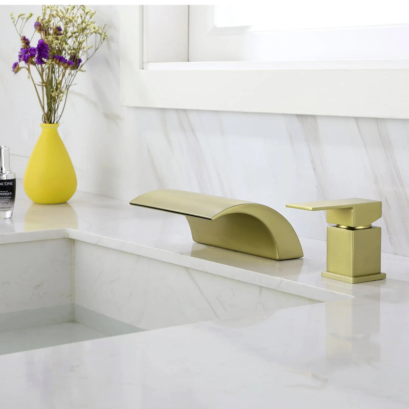 Waterfall Tub Filler Deck Mount, 2 Hole Roman Bathtub Faucet, Single Handle Brass Body Bathroom Faucet waterfall-tub-filler-deck-mount-2-hole-roman-bathtub-faucet Brushed Gold / Brass / 11.8 x 10.6 x 5.1 Inches