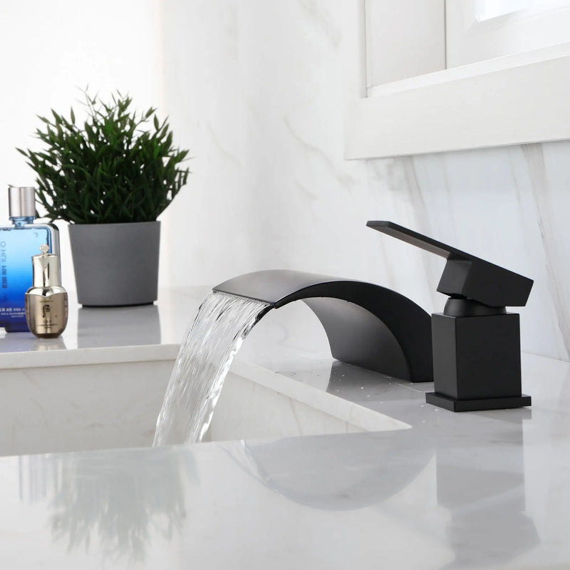 Waterfall Tub Filler Deck Mount, 2 Hole Roman Bathtub Faucet, Single Handle Brass Body Bathroom Faucet waterfall-tub-filler-deck-mount-2-hole-roman-bathtub-faucet Matte Black / Brass / 11.8 x 10.6 x 5.1 Inches