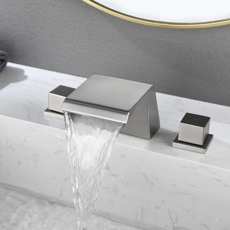 Waterfall Tub Filler Deck Mount, 3 Hole Roman Bathtub Faucet Two Square Handle Bathroom Sink Faucet waterfall-tub-filler-deck-mount-3-hole-roman-bathtub-faucet-two-square-handle-bathroom-sink-faucet Brushed Nickel / Brass / 11.97 x 10.39 x 5.2 inches