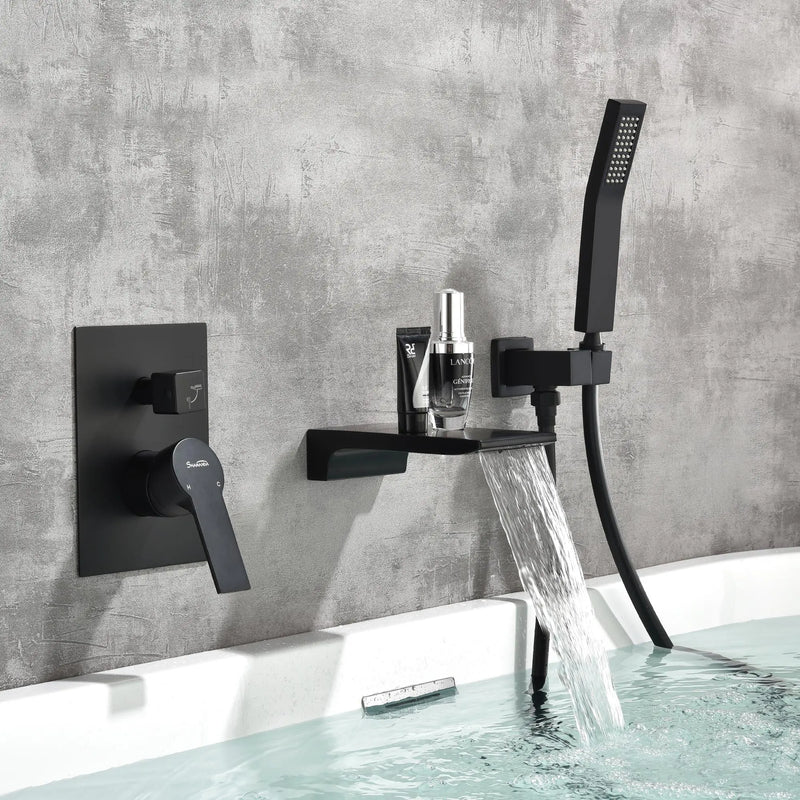 Waterfall Wall Mounted Bathtub Faucet with Hand Shower in Brushed Gold, Brushed Nickel, Matte Black waterfall-wall-mounted-bathtub-faucet-with-hand-shower 