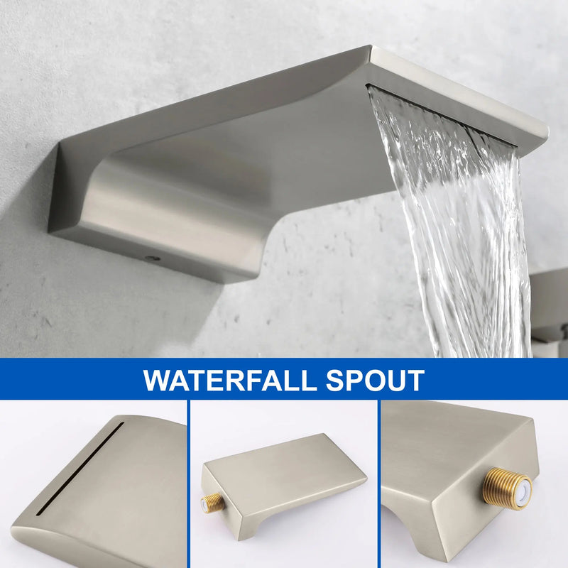 Waterfall Wall Mounted Bathtub Faucet with Hand Shower in Brushed Gold, Brushed Nickel, Matte Black waterfall-wall-mounted-bathtub-faucet-with-hand-shower 