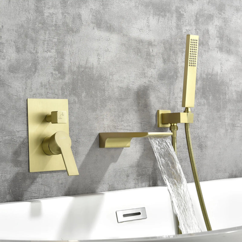 Waterfall Wall Mounted Bathtub Faucet with Hand Shower in Brushed Gold, Brushed Nickel, Matte Black waterfall-wall-mounted-bathtub-faucet-with-hand-shower 