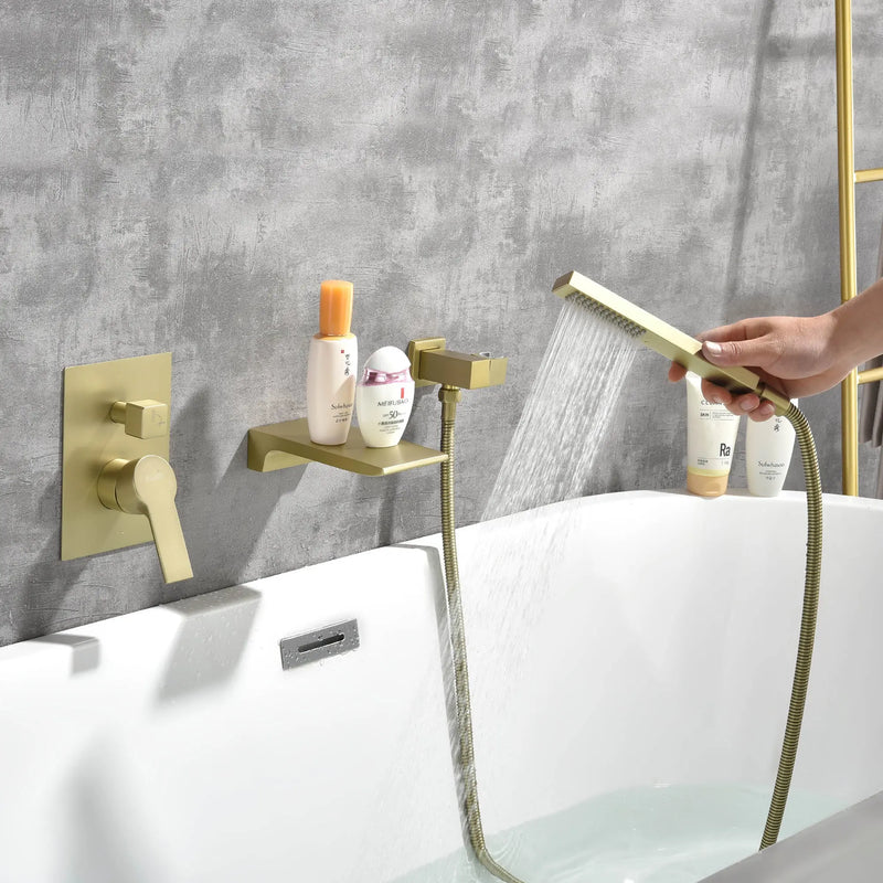 Waterfall Wall Mounted Bathtub Faucet with Hand Shower in Brushed Gold, Brushed Nickel, Matte Black waterfall-wall-mounted-bathtub-faucet-with-hand-shower 