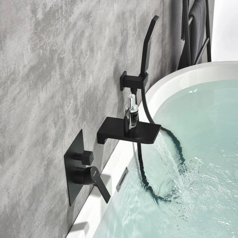 Waterfall Wall Mounted Bathtub Faucet with Hand Shower in Brushed Gold, Brushed Nickel, Matte Black waterfall-wall-mounted-bathtub-faucet-with-hand-shower 