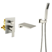 Waterfall Wall Mounted Bathtub Faucet with Hand Shower in Brushed Gold, Brushed Nickel, Matte Black waterfall-wall-mounted-bathtub-faucet-with-hand-shower Brushed Nickel / Brass / 12.64 x 12.17 x 5.63 inches