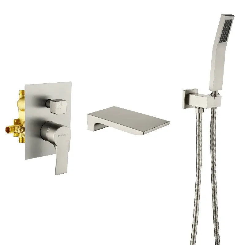 Waterfall Wall Mounted Bathtub Faucet with Hand Shower in Brushed Gold, Brushed Nickel, Matte Black waterfall-wall-mounted-bathtub-faucet-with-hand-shower Brushed Nickel / Brass / 12.64 x 12.17 x 5.63 inches