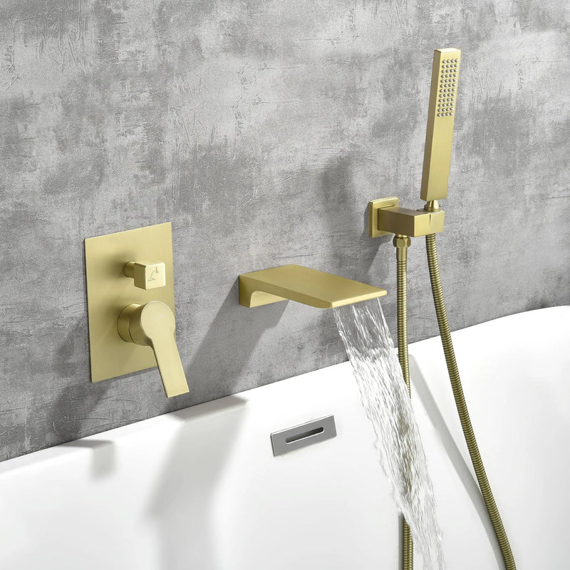 Waterfall Wall Mounted Bathtub Faucet with Hand Shower in Brushed Gold, Brushed Nickel, Matte Black waterfall-wall-mounted-bathtub-faucet-with-hand-shower 