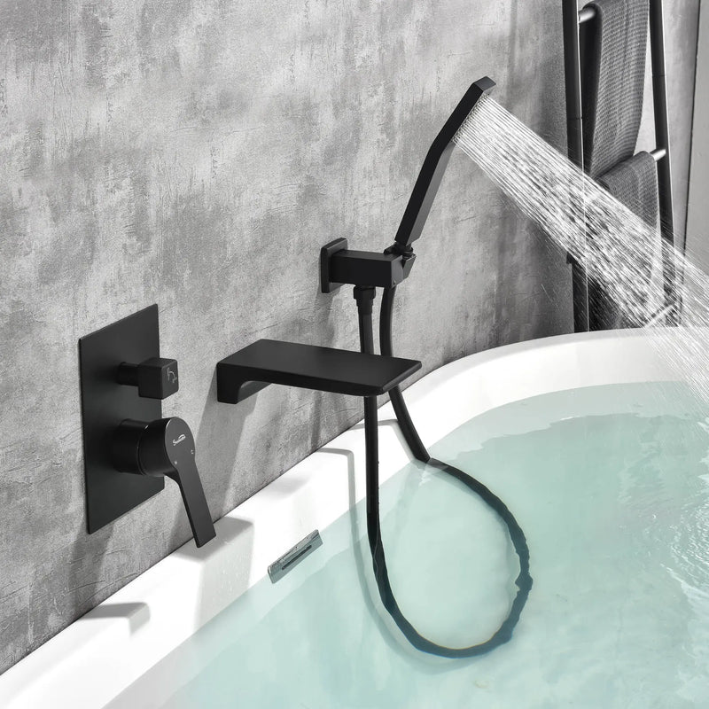 Waterfall Wall Mounted Bathtub Faucet with Hand Shower in Brushed Gold, Brushed Nickel, Matte Black waterfall-wall-mounted-bathtub-faucet-with-hand-shower 