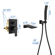 Waterfall Wall Mounted Bathtub Faucet with Hand Shower in Brushed Gold, Brushed Nickel, Matte Black waterfall-wall-mounted-bathtub-faucet-with-hand-shower 
