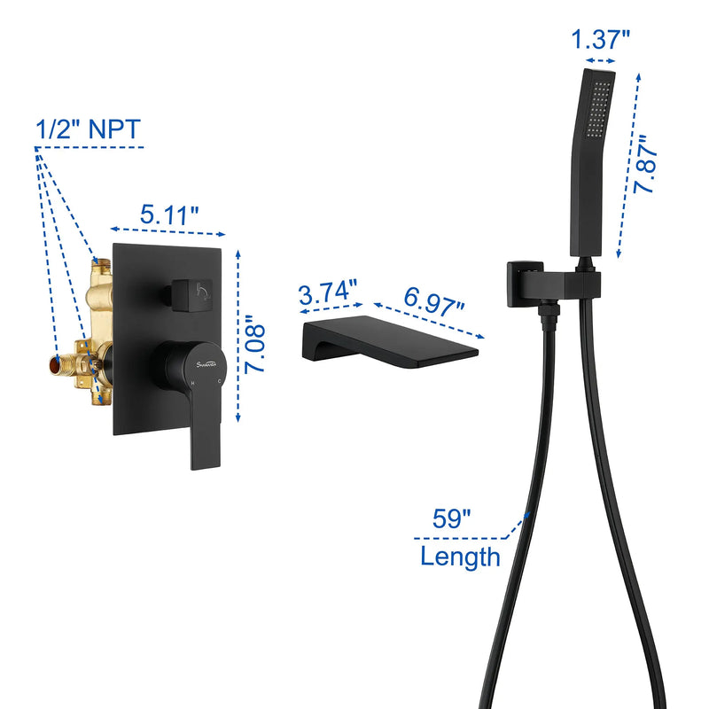Waterfall Wall Mounted Bathtub Faucet with Hand Shower in Brushed Gold, Brushed Nickel, Matte Black waterfall-wall-mounted-bathtub-faucet-with-hand-shower 