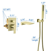 Waterfall Wall Mounted Bathtub Faucet with Hand Shower in Brushed Gold, Brushed Nickel, Matte Black waterfall-wall-mounted-bathtub-faucet-with-hand-shower 