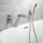 Waterfall Wall Mounted Bathtub Faucet with Hand Shower in Brushed Gold, Brushed Nickel, Matte Black waterfall-wall-mounted-bathtub-faucet-with-hand-shower 