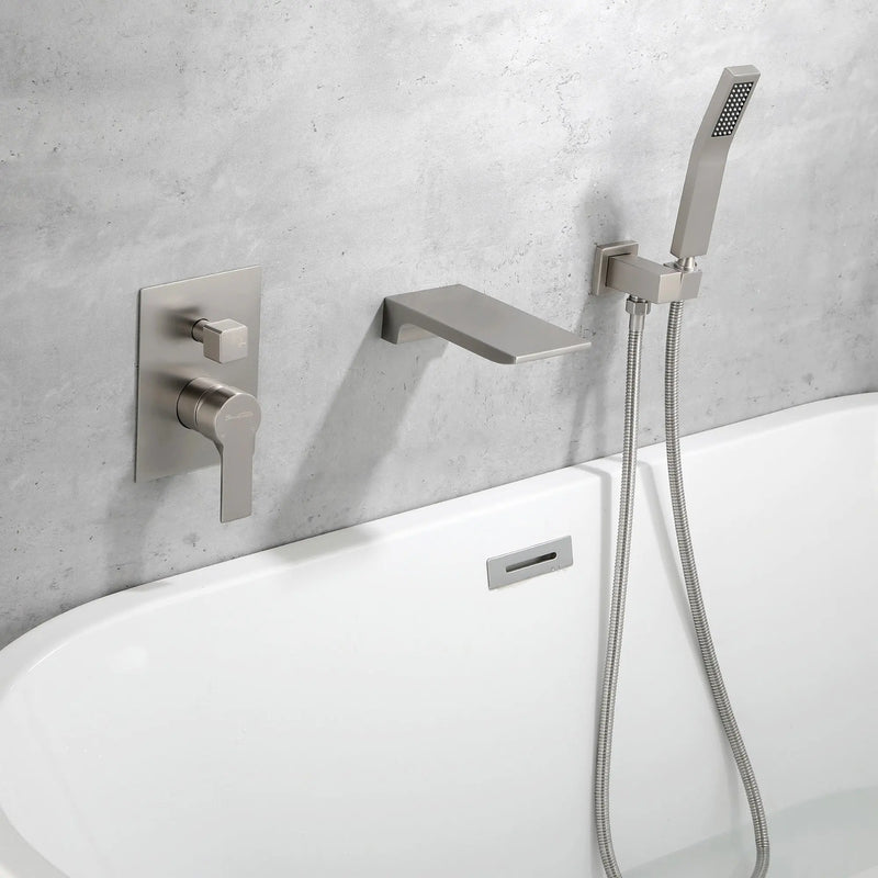 Waterfall Wall Mounted Bathtub Faucet with Hand Shower in Brushed Gold, Brushed Nickel, Matte Black waterfall-wall-mounted-bathtub-faucet-with-hand-shower 